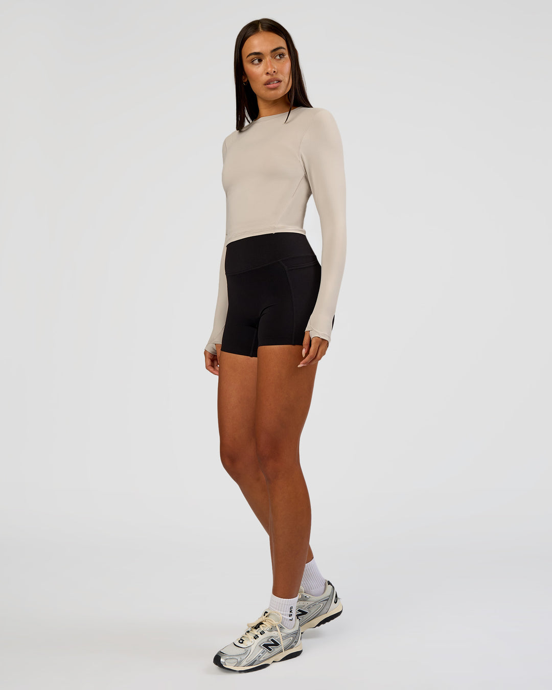 Woman wearing All Day Long Sleeve Tee - Shale Beige | Model:Ruby | Size:S
