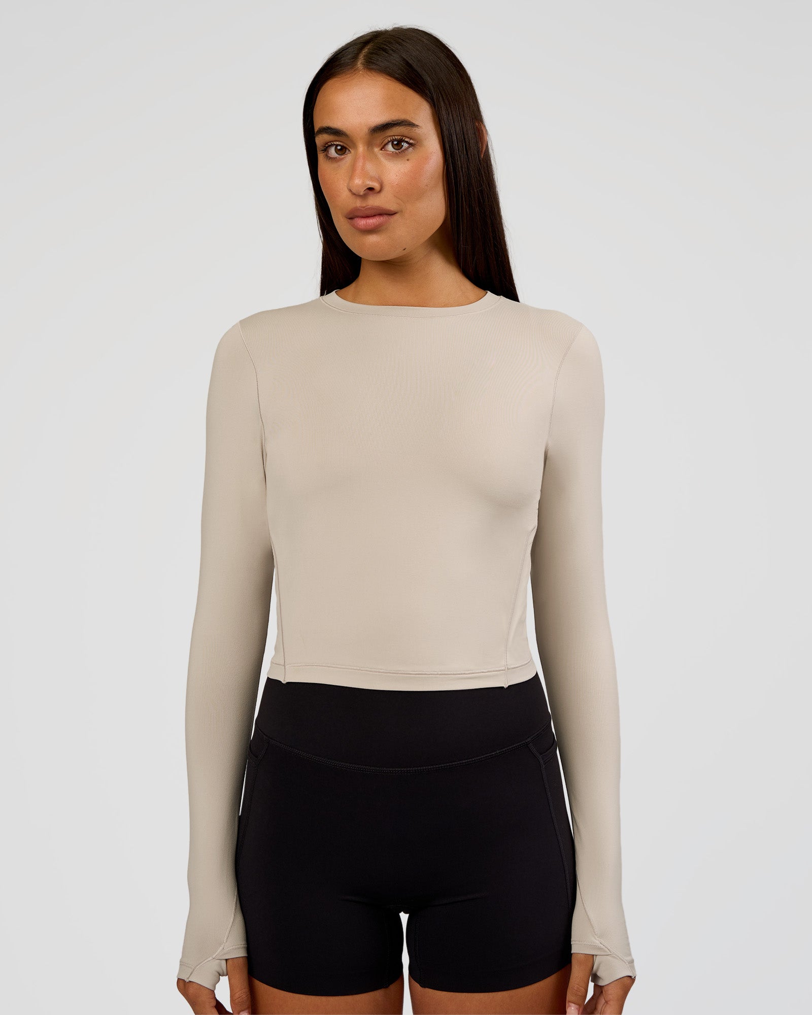 Woman wearing All Day Long Sleeve Tee - Shale Beige | Model:Ruby | Size:S