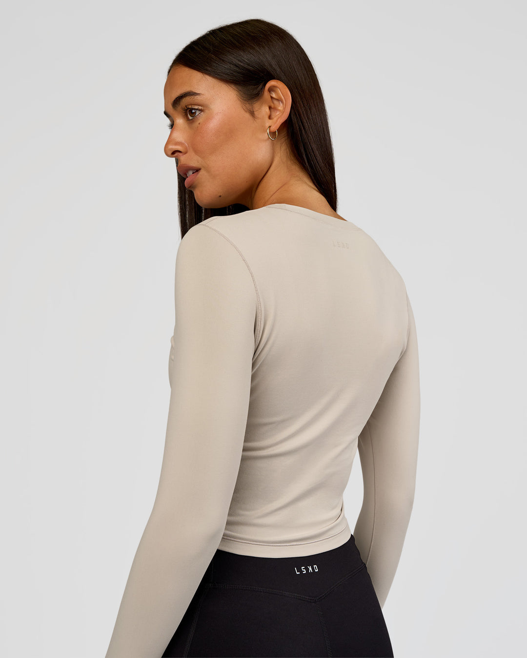 Woman wearing All Day Long Sleeve Tee - Shale Beige | Model:Ruby | Size:S