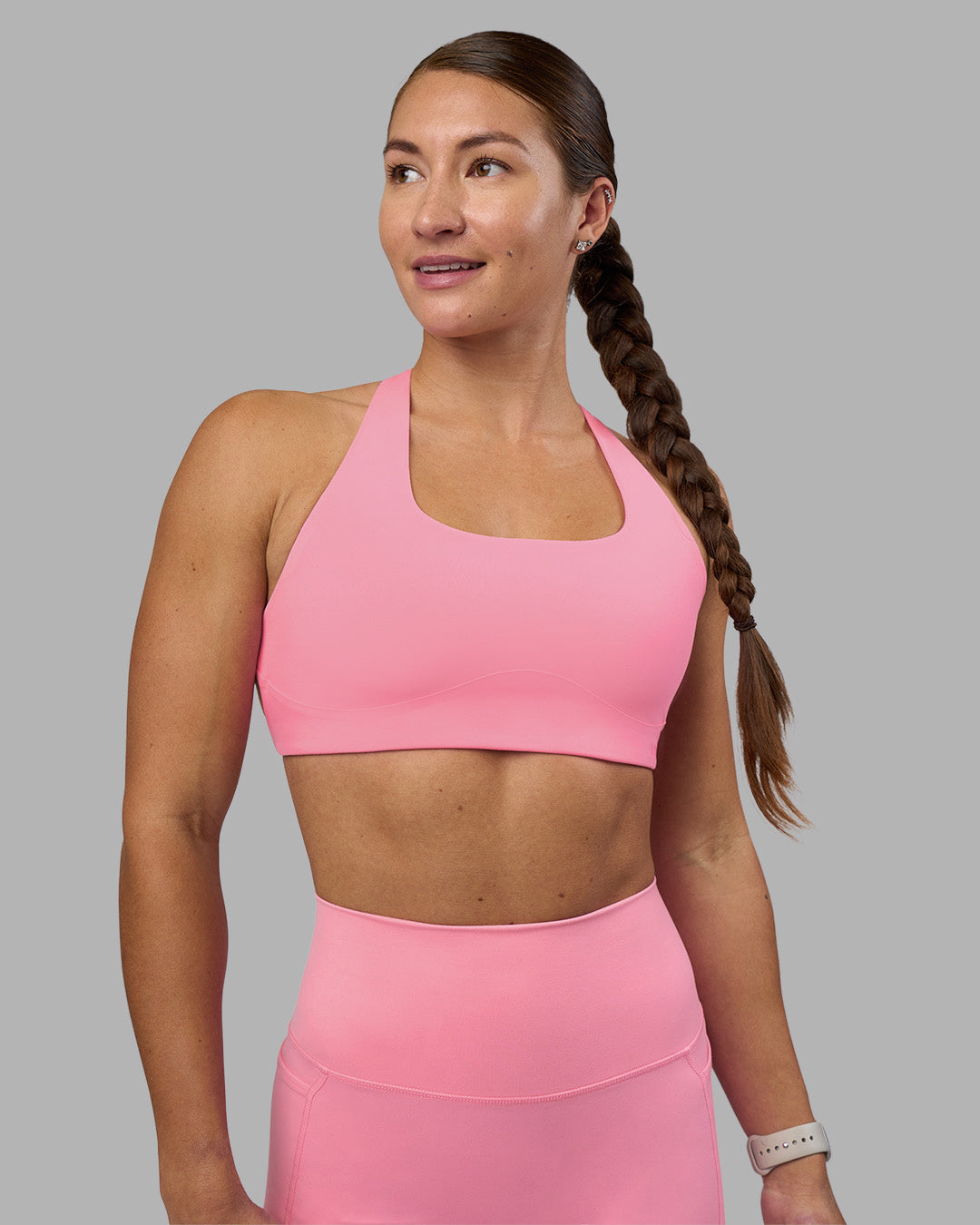 Woman wearing Aspire Sports Bra - Candy Pink | Model:Hannah | Size:S