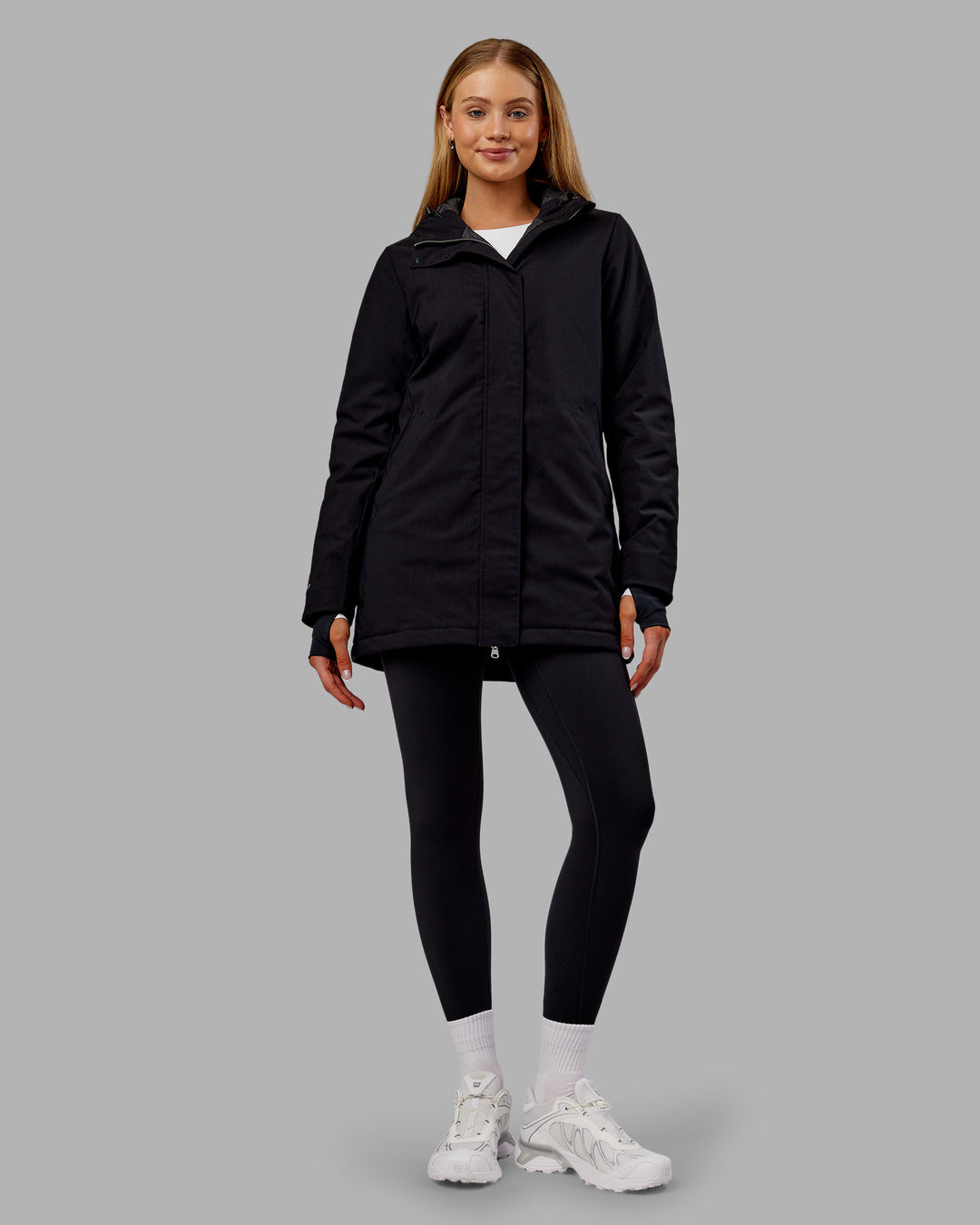 Woman wearing Auxiliary 2.0 Jacket - Black | Model:Ella | Size:S