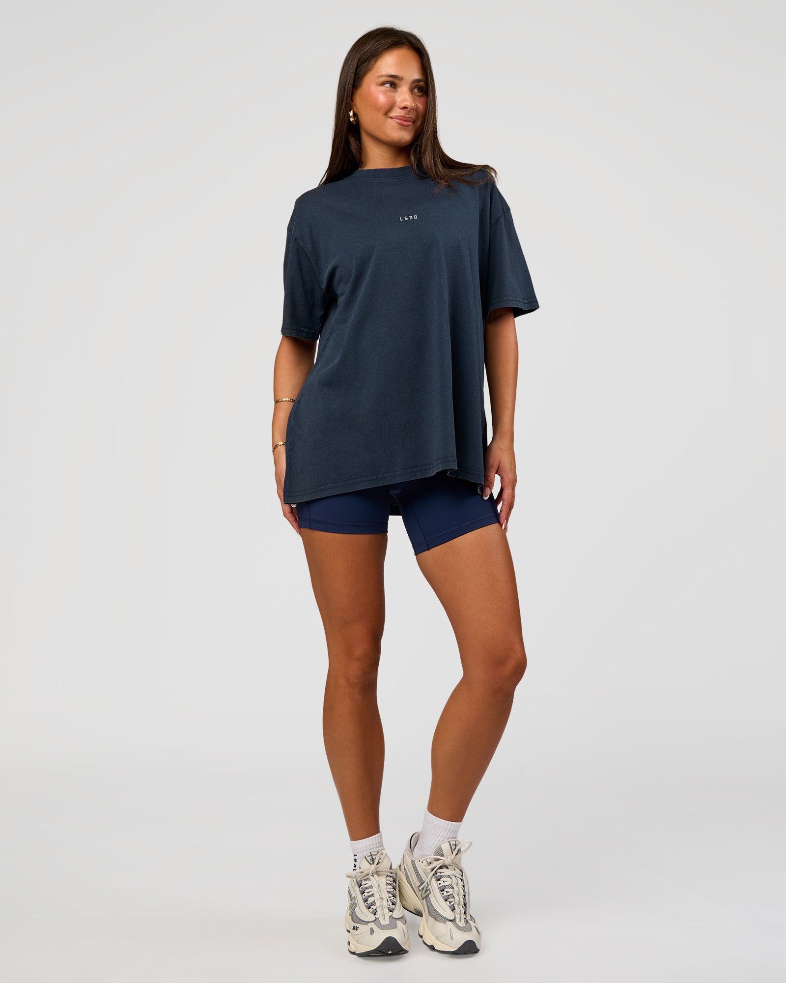 Woman wearing Built On Values Oversized Washed Tee - Future Navy Washed-White | Model:Bianca | Size:S