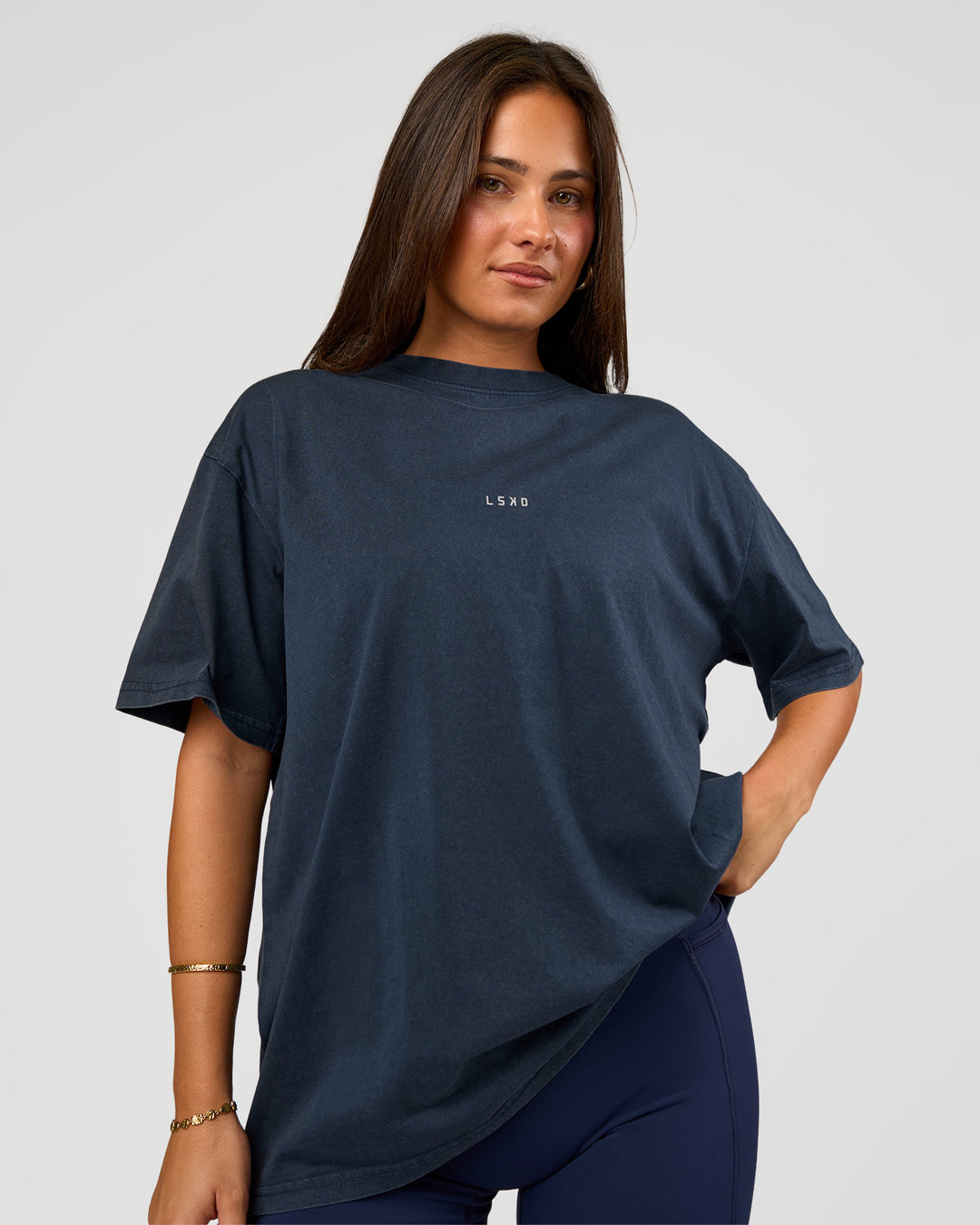 Woman wearing Built On Values Oversized Washed Tee - Future Navy Washed-White | Model:Bianca | Size:S
