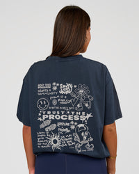 Woman wearing Built On Values Oversized Washed Tee - Future Navy Washed-White | Model:Bianca | Size:S