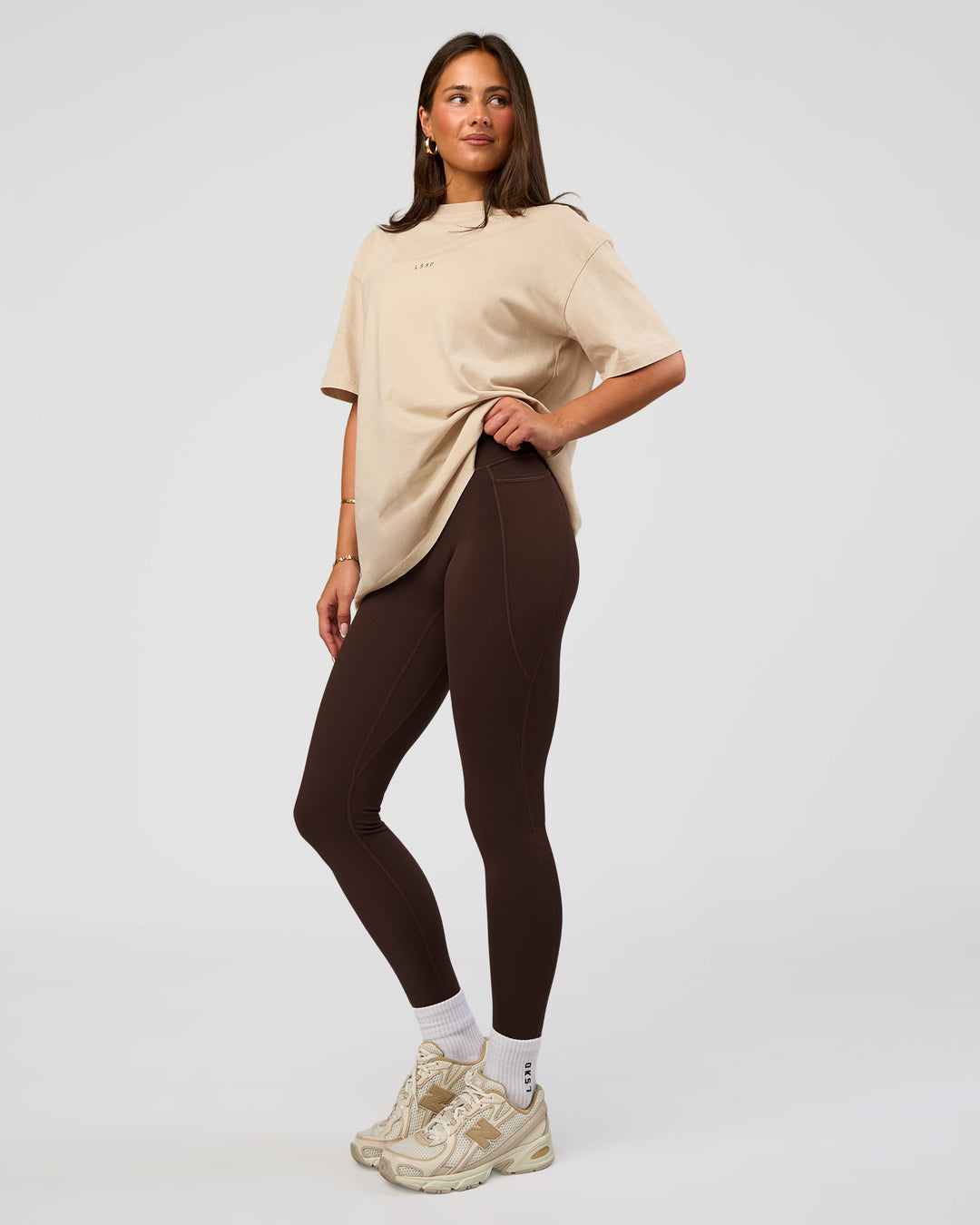 Woman wearing Built On Values Oversized Washed Tee - Shale Beige Washed-Hot Chocolate | Model:Bianca | Size:S
