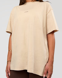 Woman wearing Built On Values Oversized Washed Tee - Shale Beige Washed-Hot Chocolate | Model:Bianca | Size:S