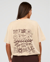 Woman wearing Built On Values Oversized Washed Tee - Shale Beige Washed-Hot Chocolate | Model:Bianca | Size:S