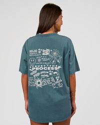 Woman wearing Built On Values Oversized Washed Tee - Transformative Teal Washed-White | Model:Bianca | Size:S