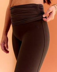 Woman wearing CF Fold Over High-Rise Flared Legging - Hot Chocolate | Model:Chloe | Size:S