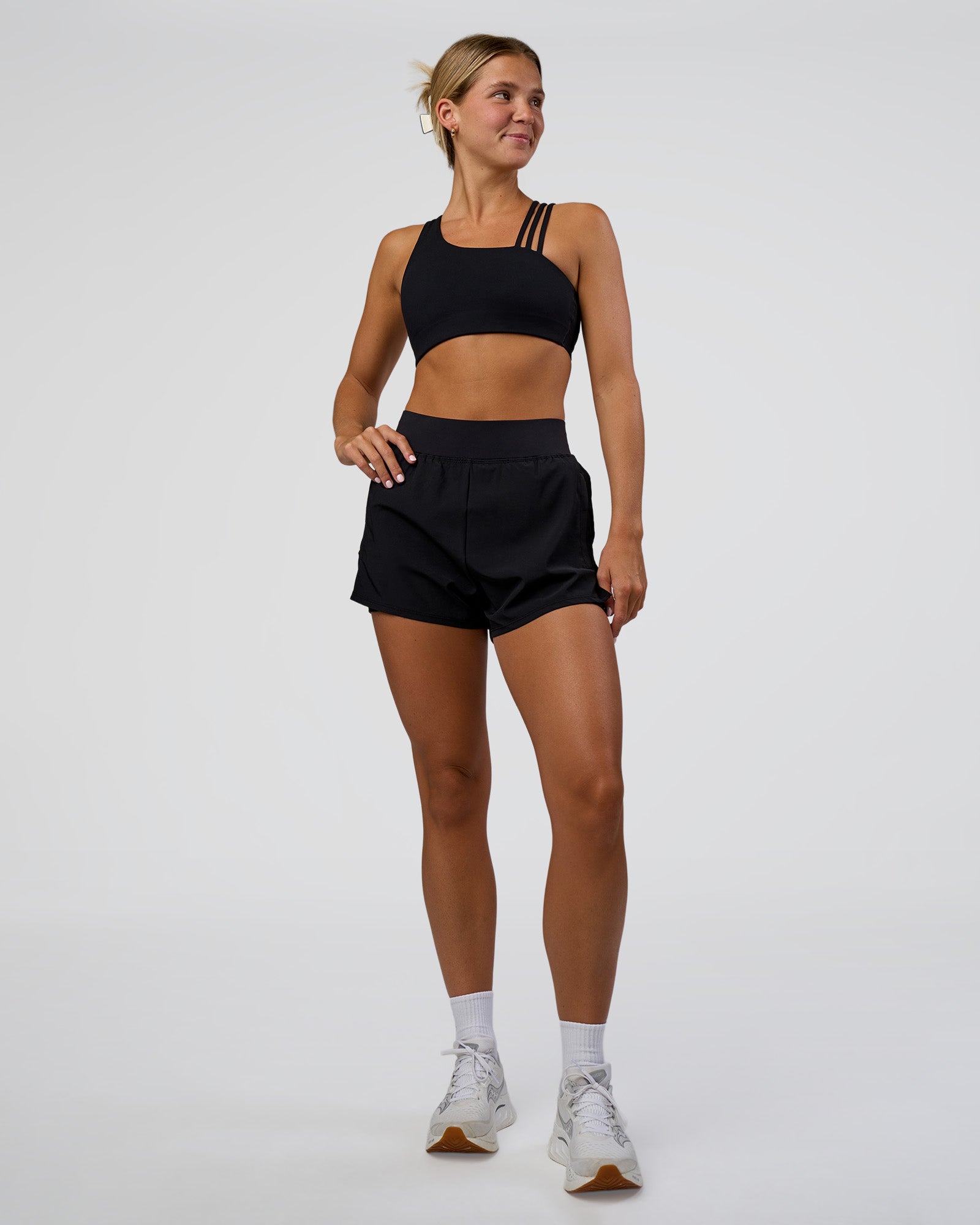 Woman wearing Challenger 3" Lined Performance Short - Black | Model:Amity | Size:S
