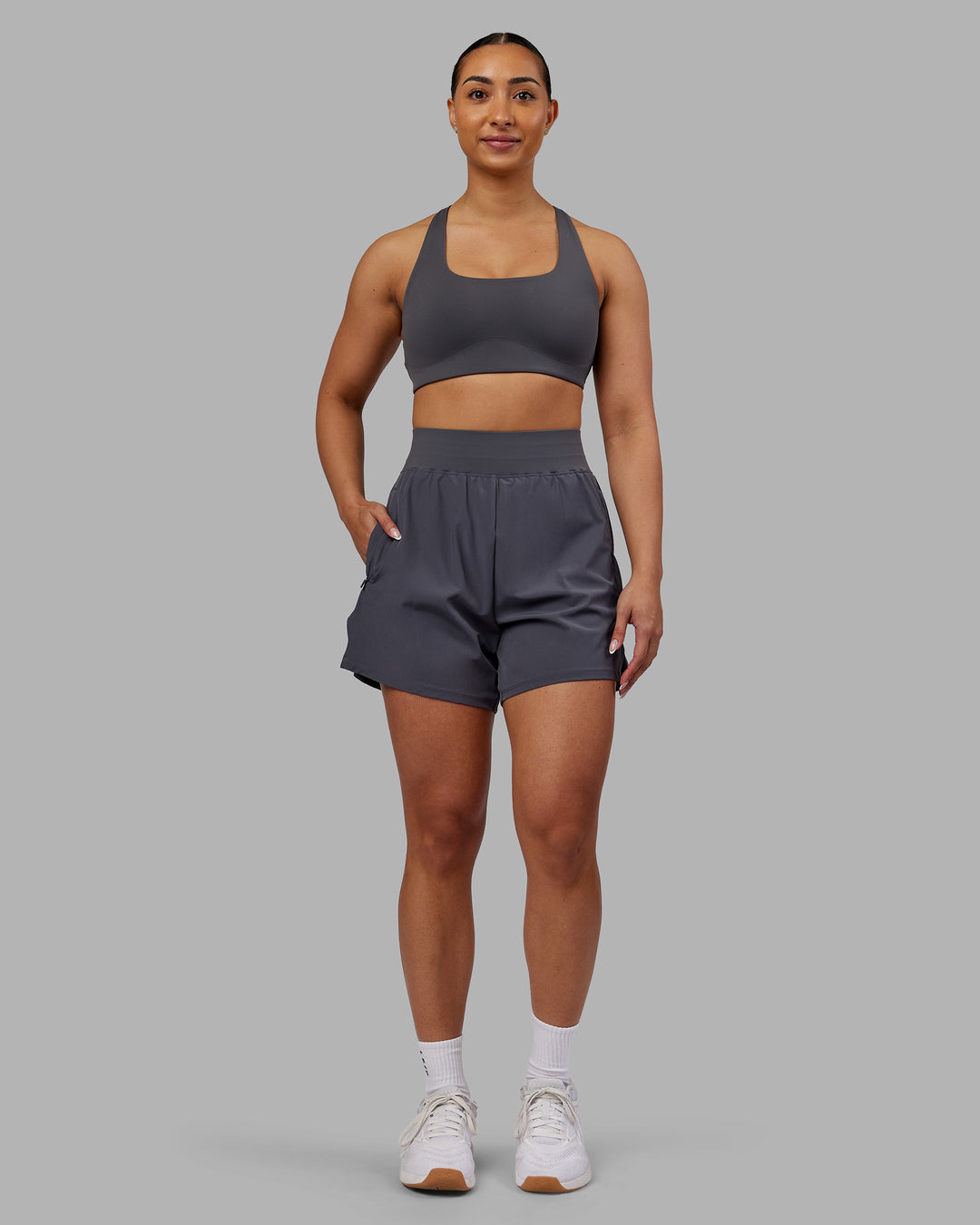 Woman wearing Challenger 5&quot; Lined Performance Short - Dark Storm | Model:Ayla | Size:S