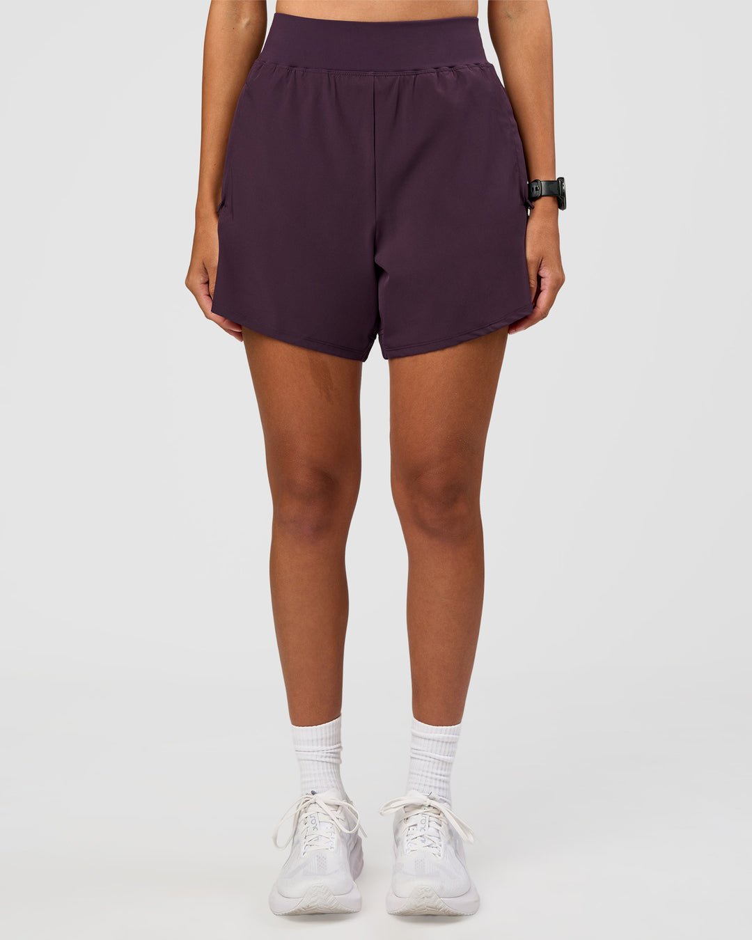 Woman wearing Challenger 5" Lined Performance Short - Midnight Plum | Model:Rhiley | Size:S