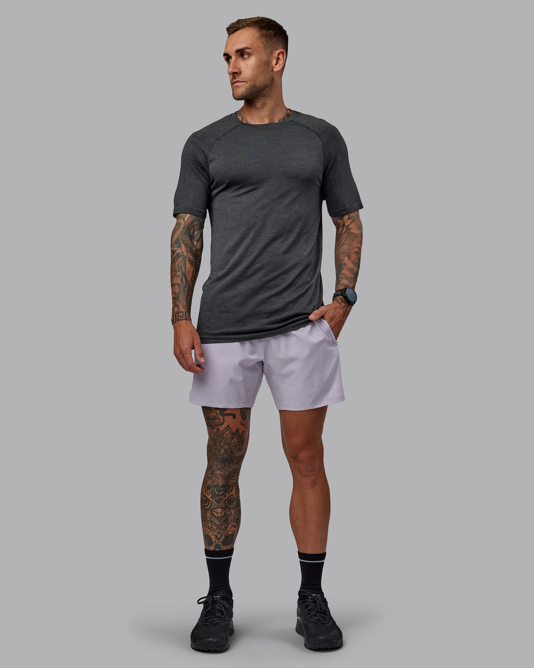 Man wearing Challenger 6&quot; Performance Short in Galactic Lilac | Size:S