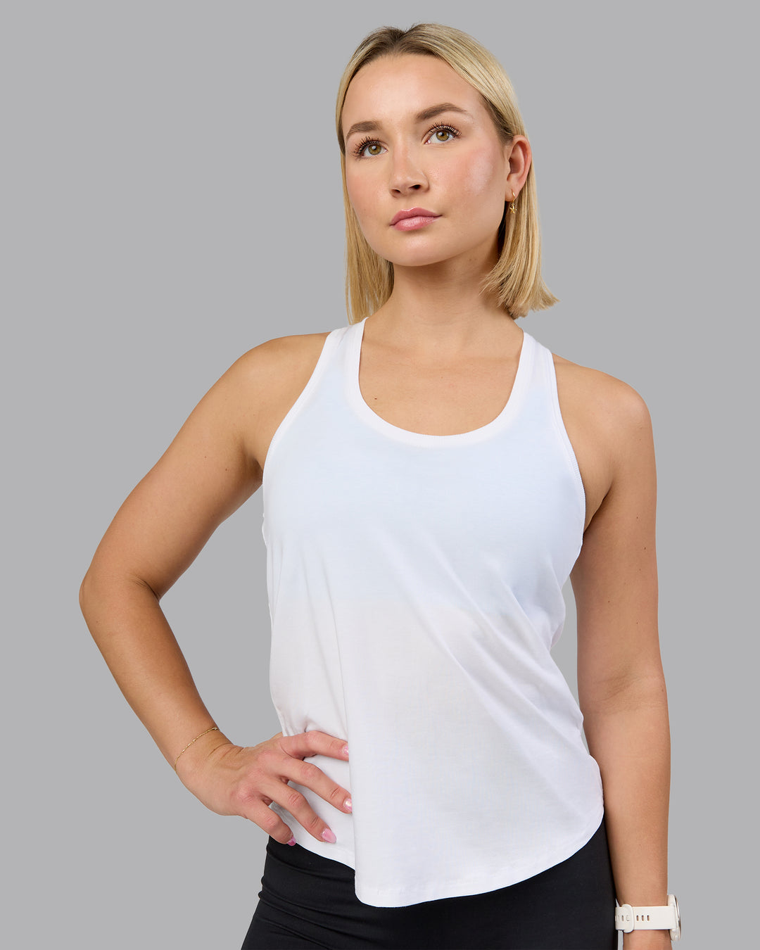 Woman wearing Charge PimaFLX-Lite Active Tank - White | Model:Halle | Size:S