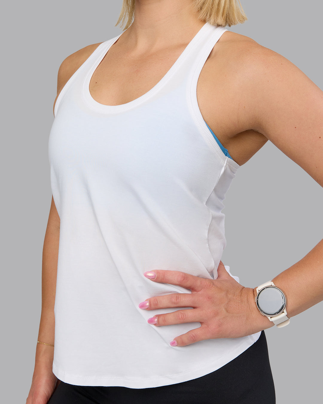 Woman wearing Charge PimaFLX-Lite Active Tank - White | Model:Halle | Size:S