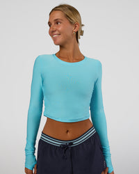 Woman wearing Clarity Long Sleeve Tee - Baltic Sea | Model:Amity | Size:S