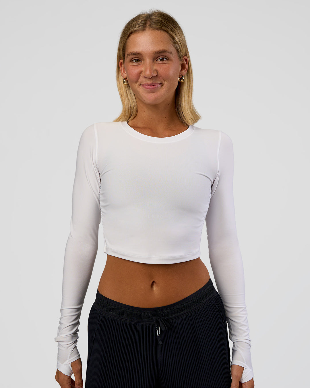 Woman wearing Clarity Long Sleeve Tee - White | Model:Amity | Size:S