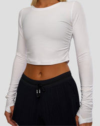 Woman wearing Clarity Long Sleeve Tee - White | Model:Amity | Size:S