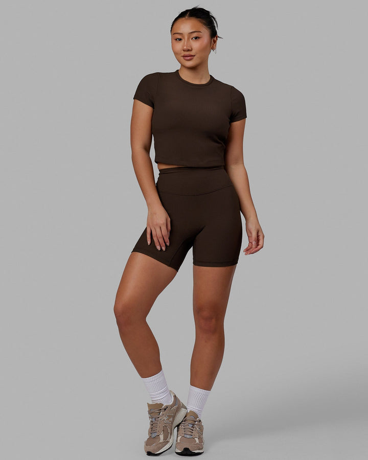 Woman wearing Creator Ribbed Mid Shorts - Dark Chocolate
