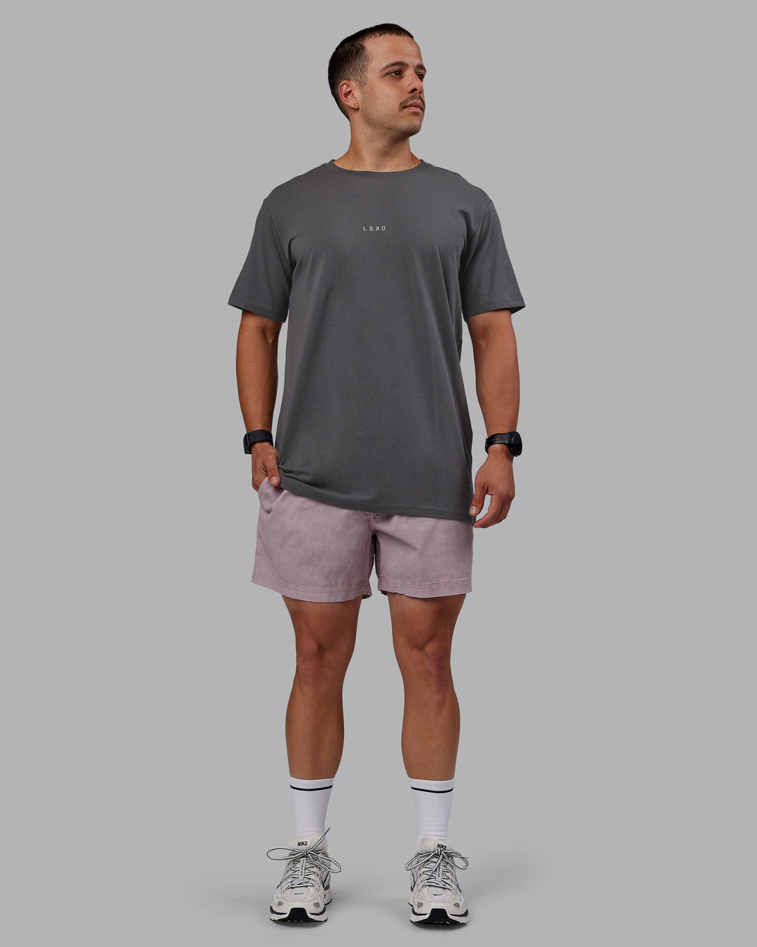 Man wearing Washed Daily 5&quot; Shorts - Greyish Purple