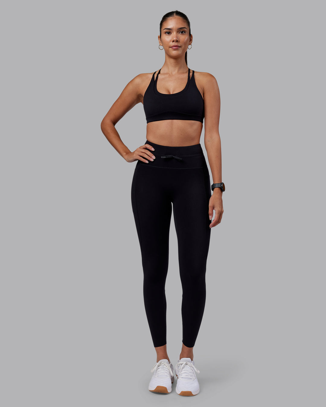 Woman wearing Effortless Drawstring Ultra High-Rise Full Length Legging Pockets - Black | Model:Rhiley | Size:S