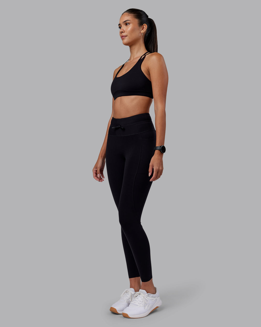 Woman wearing Effortless Drawstring Ultra High-Rise Full Length Legging Pockets - Black | Model:Rhiley | Size:S
