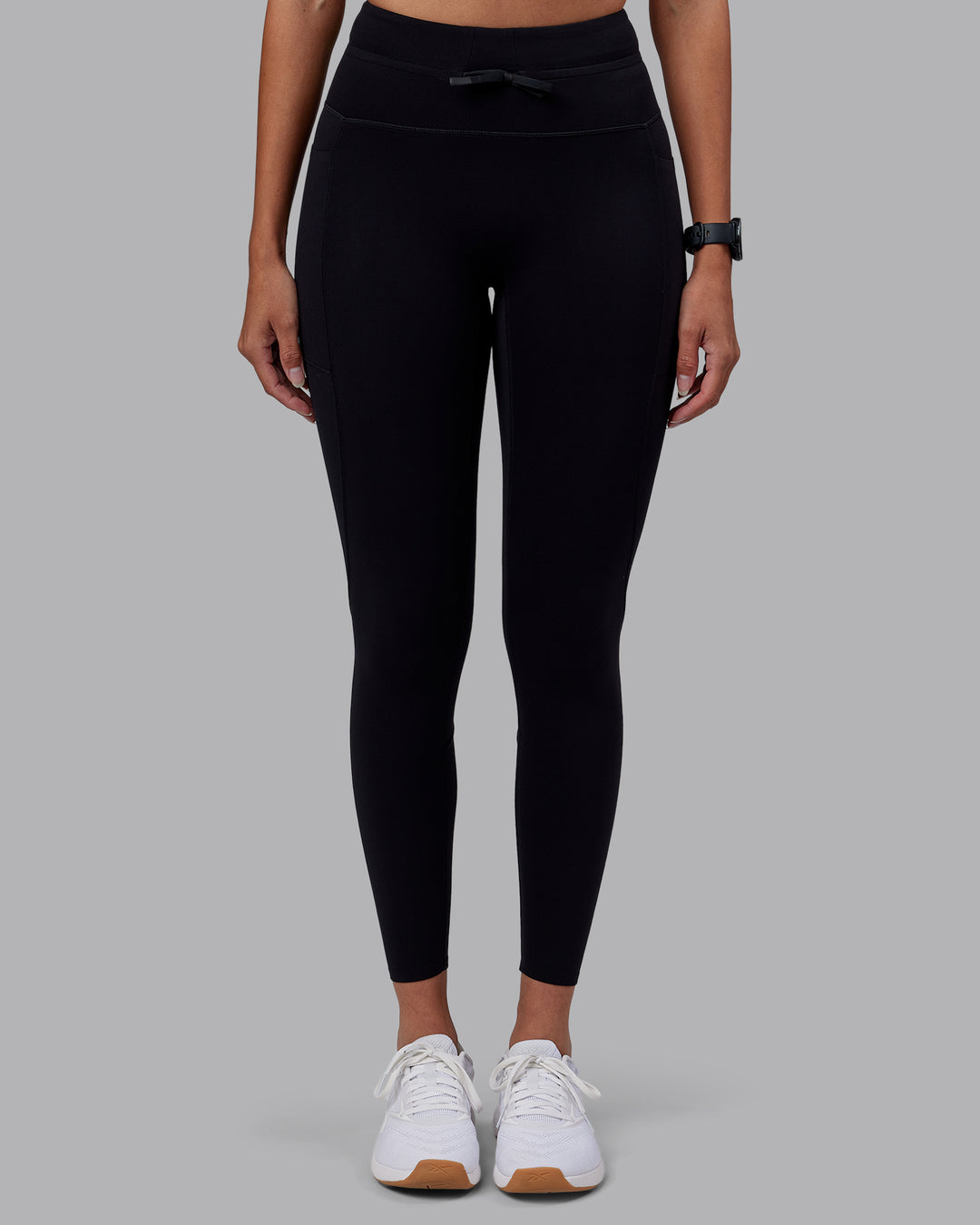 Woman wearing Effortless Drawstring Ultra High-Rise Full Length Legging Pockets - Black | Model:Rhiley | Size:S