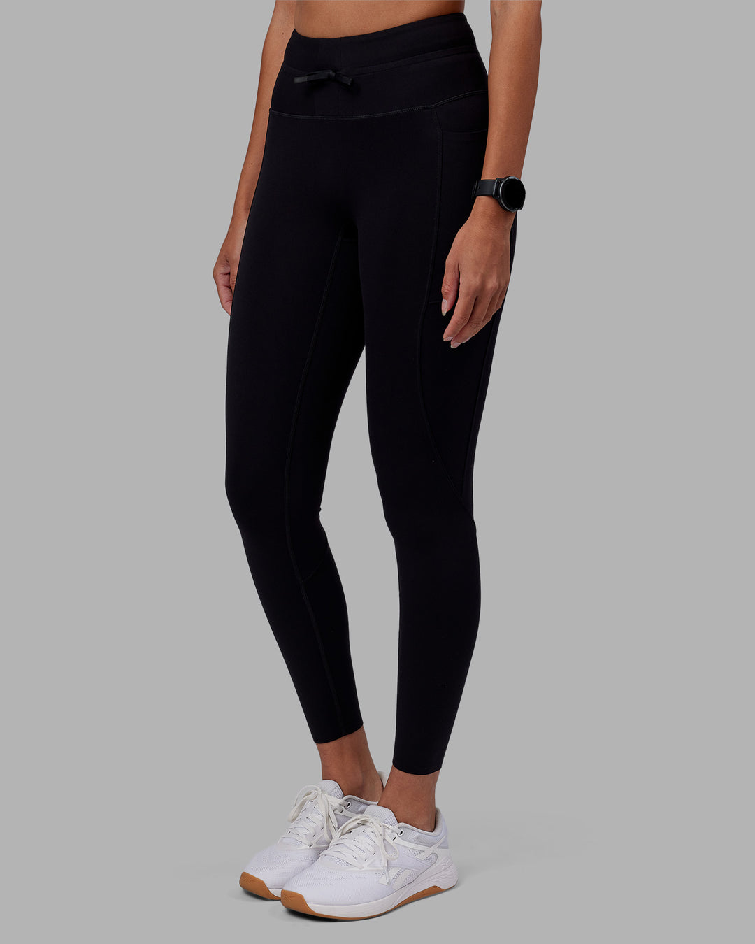Woman wearing Effortless Drawstring Ultra High-Rise Full Length Legging Pockets - Black | Model:Rhiley | Size:S
