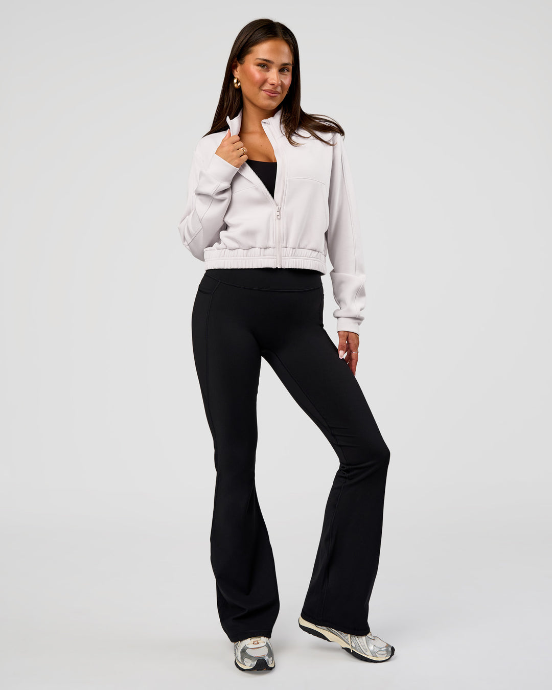 Woman wearing Elevate SoftTouch Cropped Full Zip Jacket - Clay | Model:Bianca | Size:S