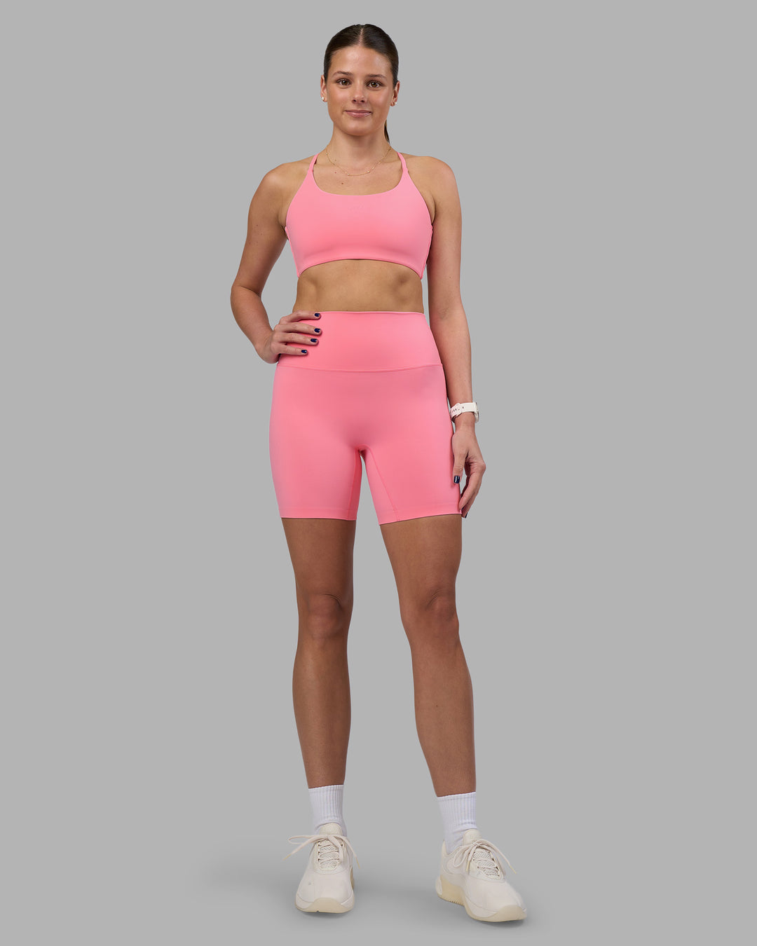 Woman wearing Elixir Ultra High-Rise 6&quot; Short - Candy Pink | Model:Phoebe | Size:S