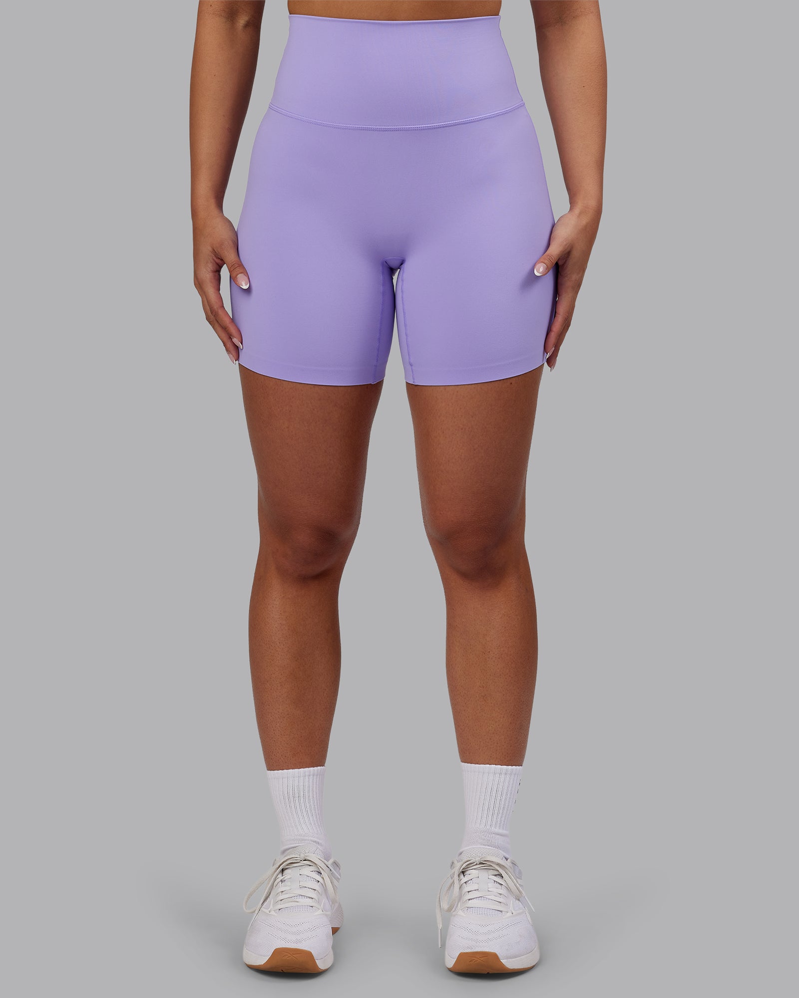 Woman wearing Elixir Ultra High-Rise 6" Short - Violet Ray | Model:Ayla | Size:S