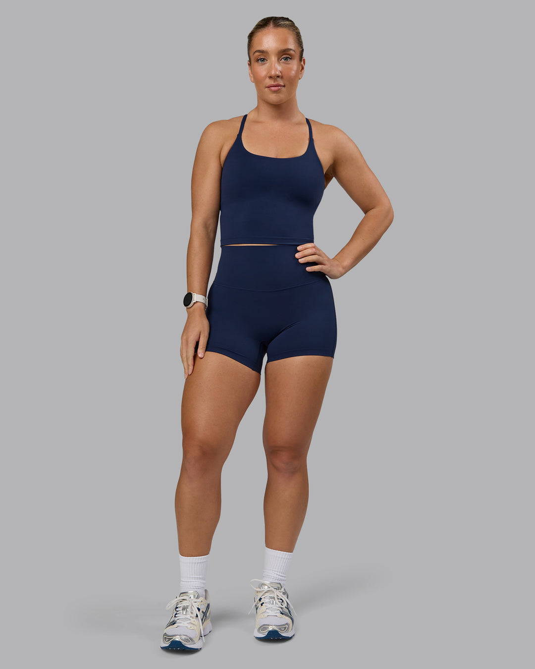 Woman wearing Elixir Ultra High-Rise 4&quot; Short - Future Navy | Model:Lyss | Size:S