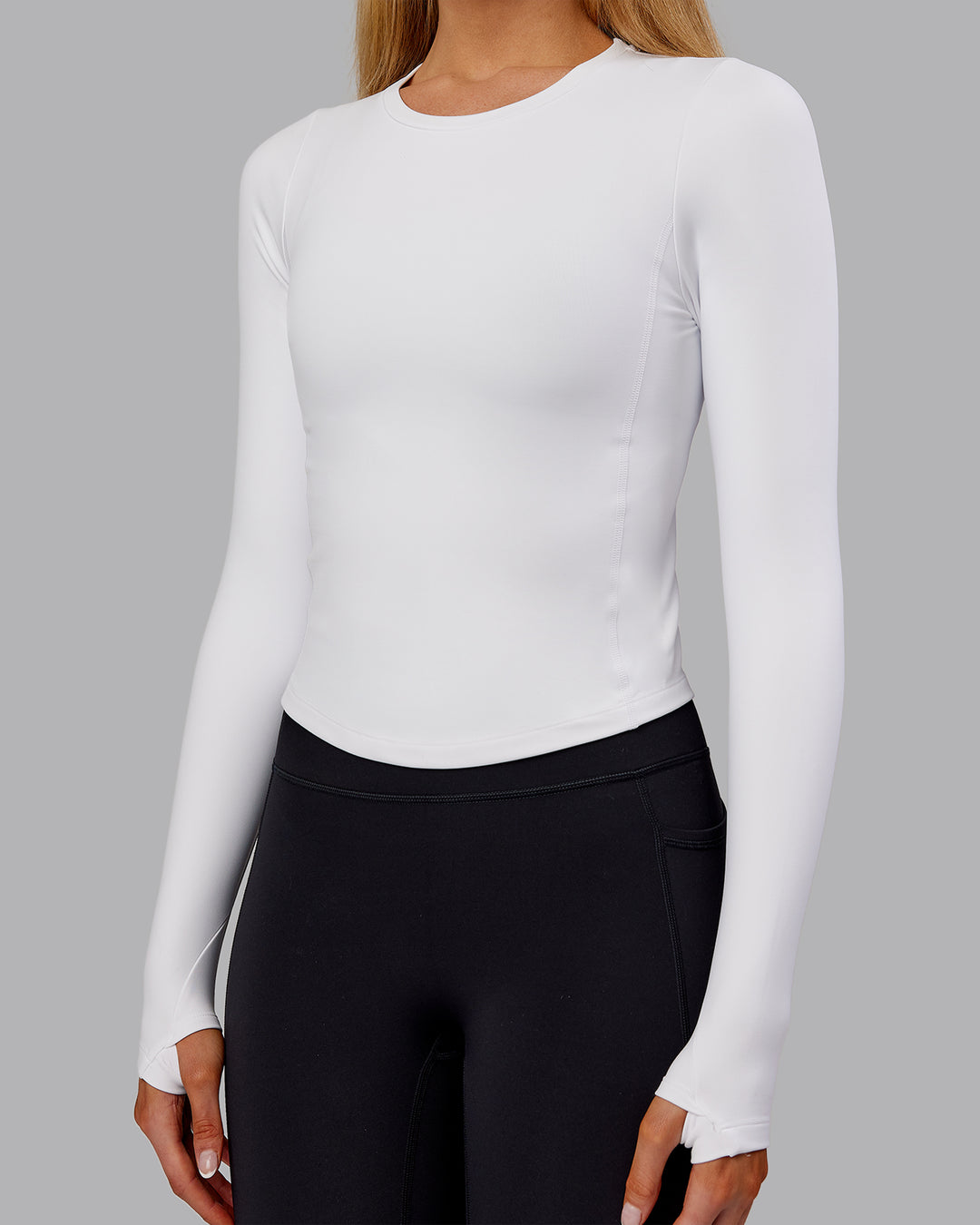 Woman wearing Embrace Thermal Long Sleeve Tee - White | Model:Ella | Size:S