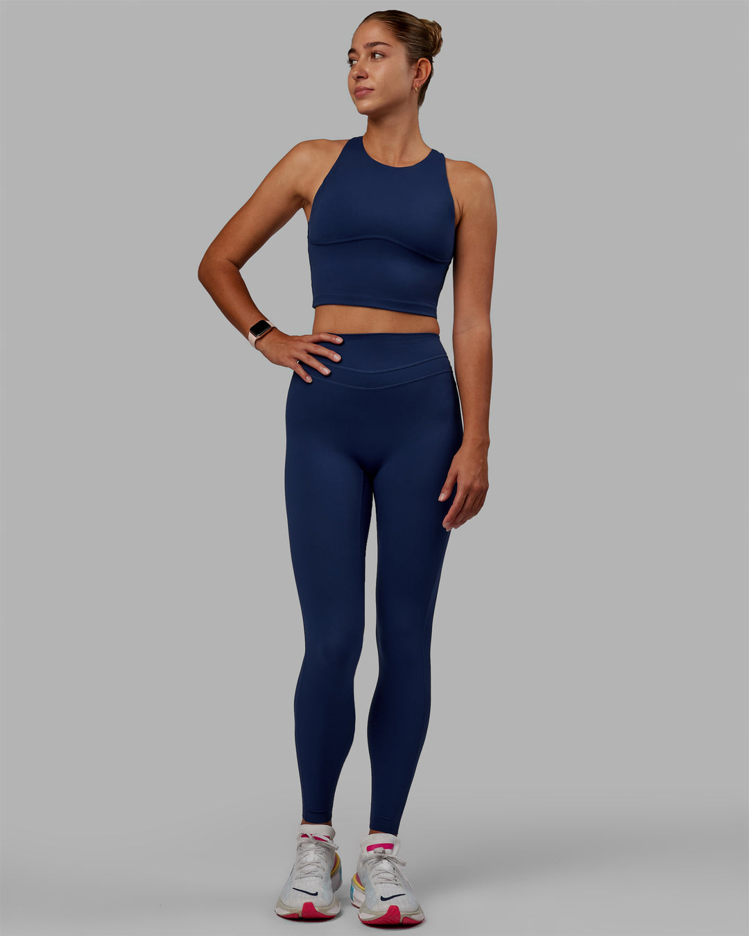 Woman wearing Enhance Shelf Bra Tank - Midnight Blue