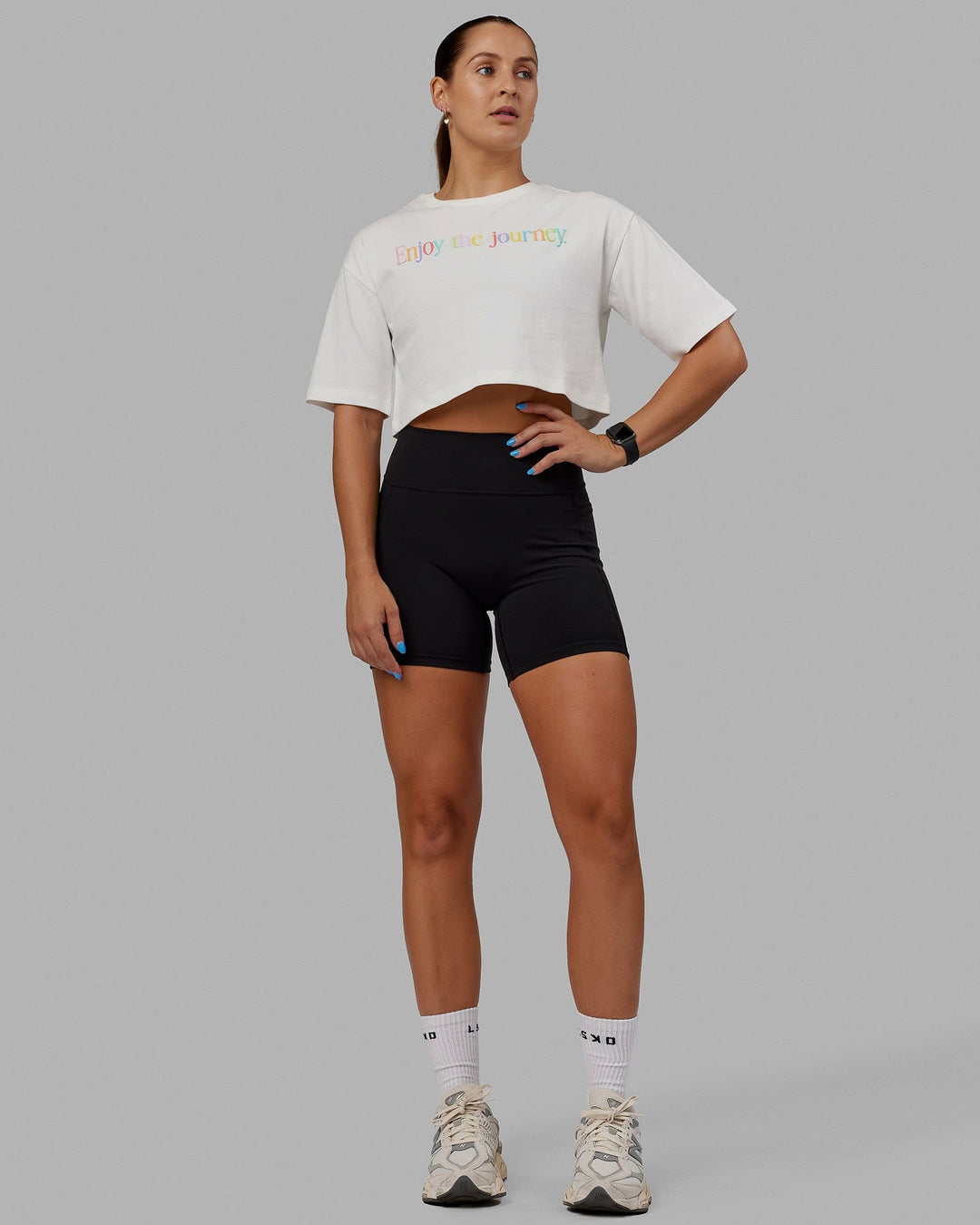 Woman wearing Enjoy the Journey Heavyweight Cropped Tee - Off White