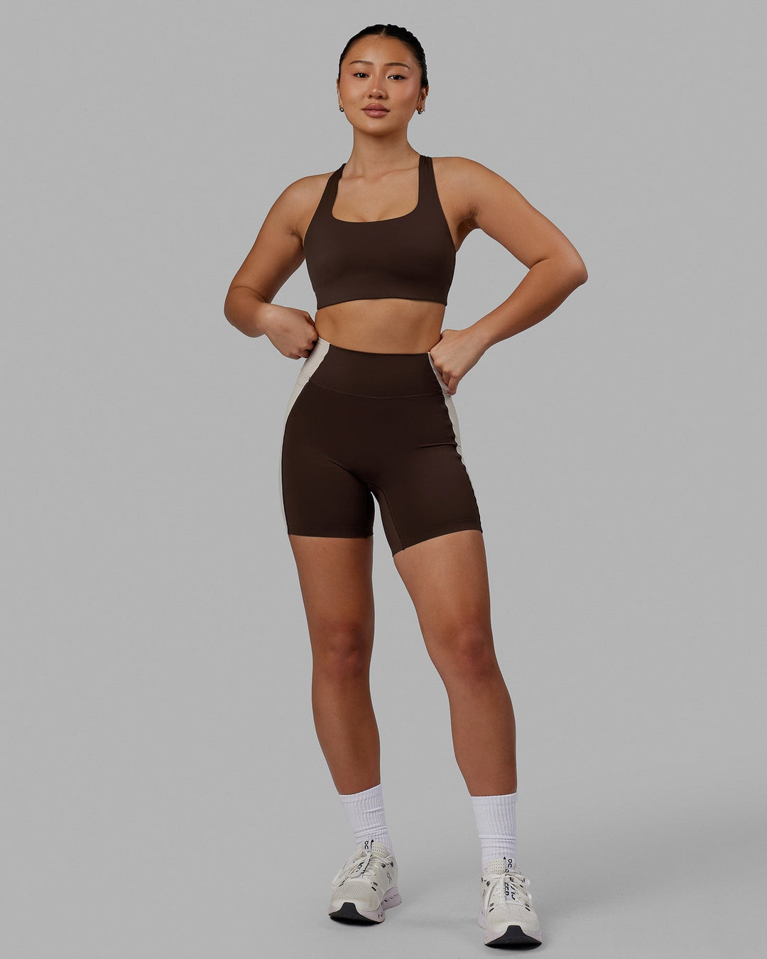 Woman wearing Evolve Bra - Dark Chocolate
