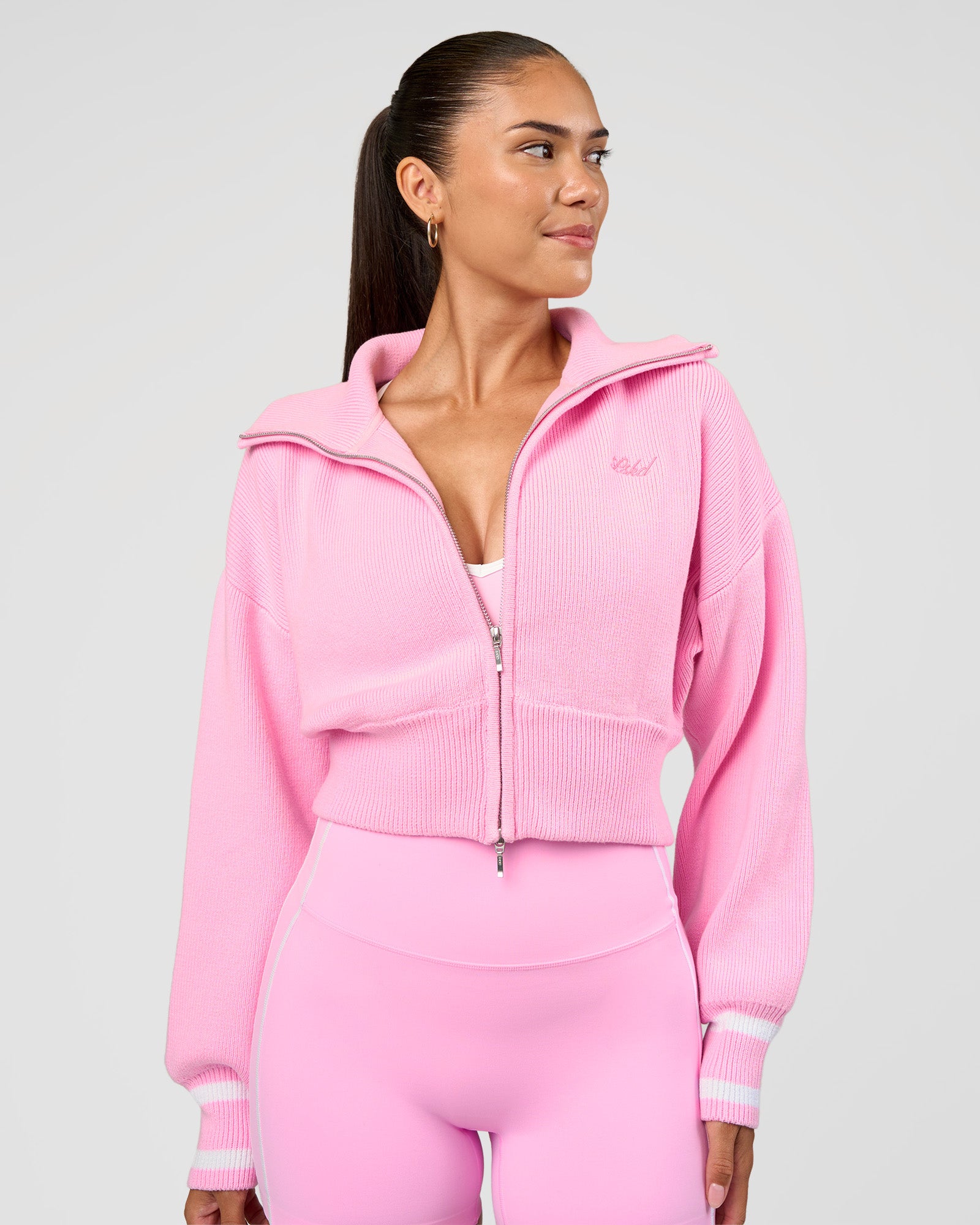 Fierce Knitted Cardigan - Pink Rose-White | LSKD