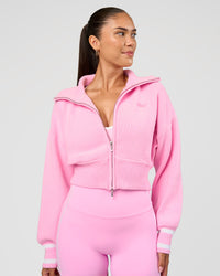 Woman wearing Fierce Knitted Cardigan - Pink Rose-White | Model:Rhiley | Size:S