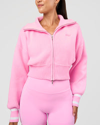 Woman wearing Fierce Knitted Cardigan - Pink Rose-White | Model:Rhiley | Size:S