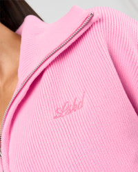 Woman wearing Fierce Knitted Cardigan - Pink Rose-White | Model:Rhiley | Size:S