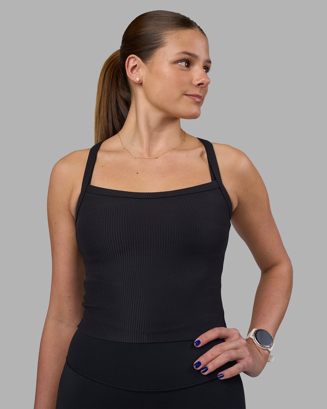 Woman wearing Flame Ribbed Tank - Black Model:Phoebe | Size:S