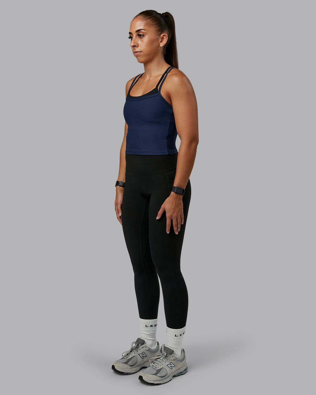 Woman wearing Flame Ribbed Tank in Future Navy | Size:S | Model:Tylah