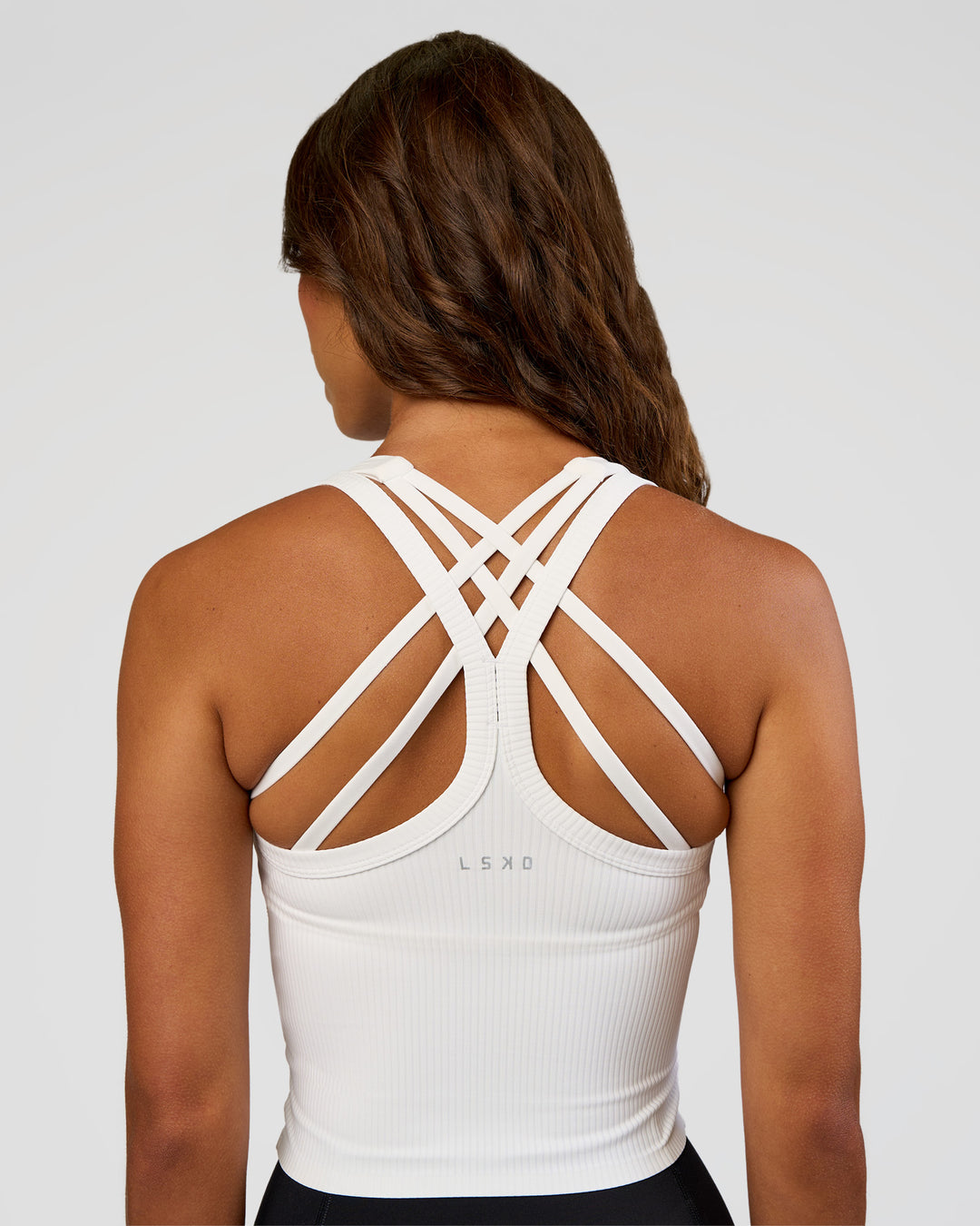 Woman wearing Flame Ribbed Tank - White | Model:Dakota | Size:S