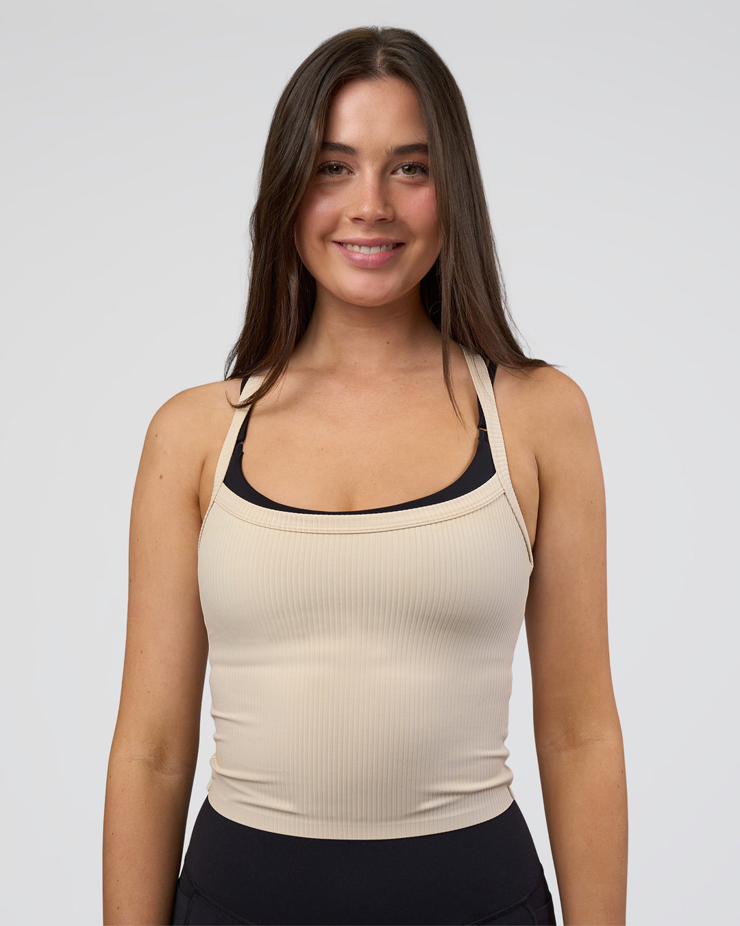 Woman wearing Flame Ribbed Tank - Shale Beige | Model:Estella | Size:S
