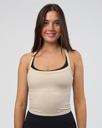 Woman wearing Flame Ribbed Tank - Shale Beige | Model:Estella | Size:S