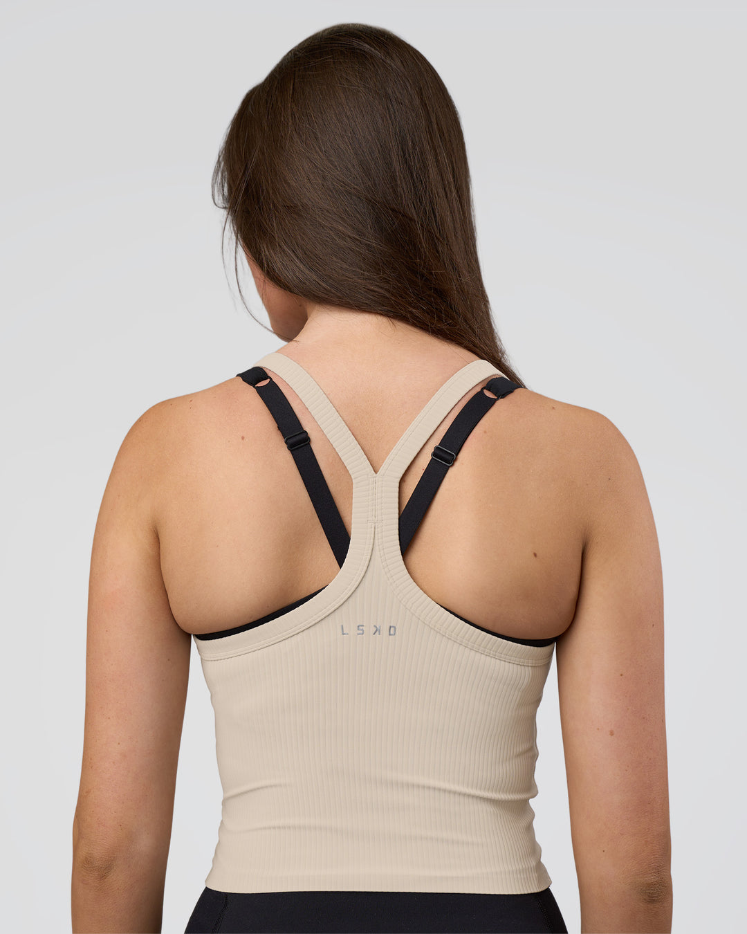 Woman wearing Flame Ribbed Tank - Shale Beige | Model:Estella | Size:S