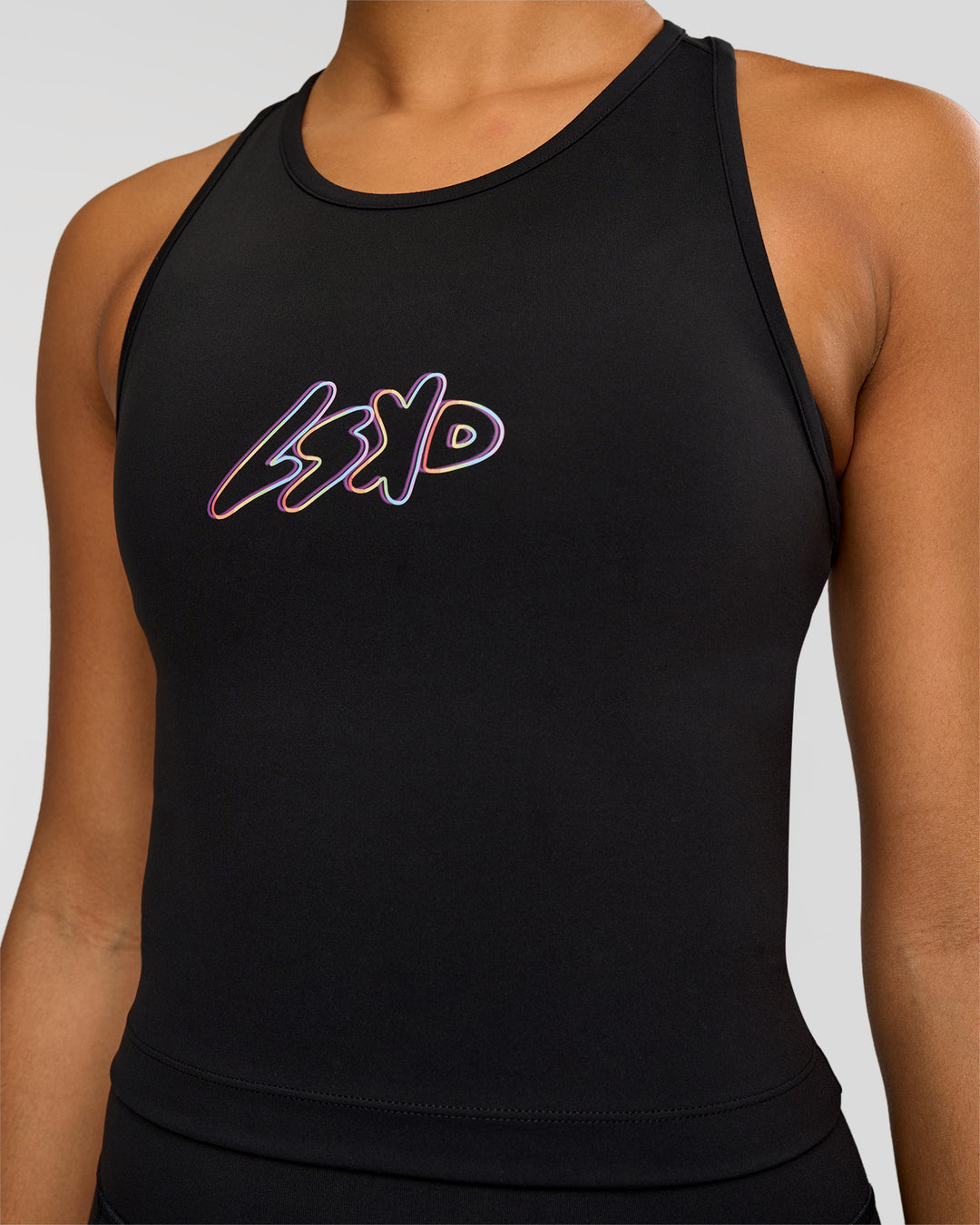 Woman wearing Flow Graphic Performance Tank 2.0 - Black-Radiate | Model:Rosie | Size:S - view 7