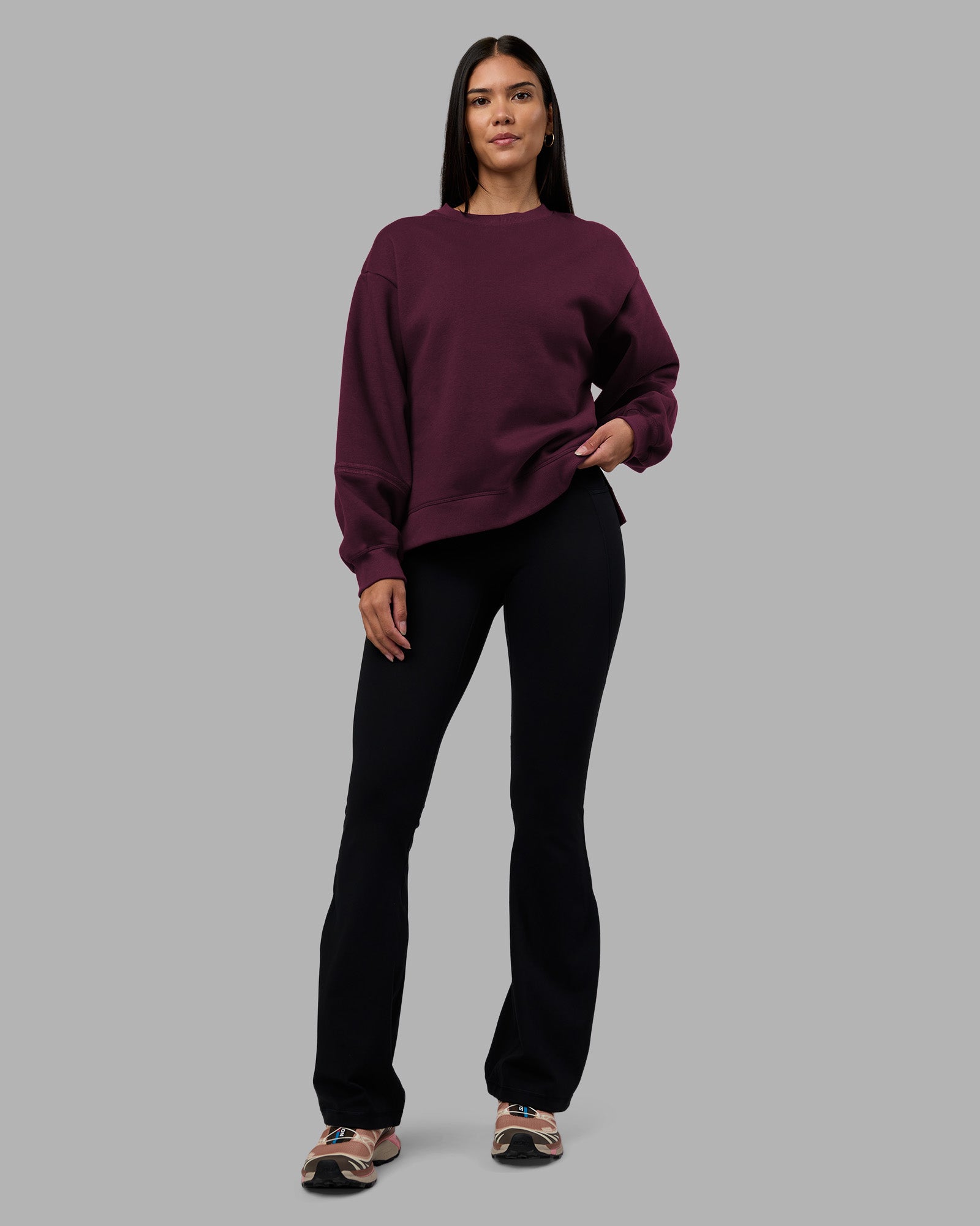 Full Form Fleece Sweater with Side Slits - Cherry Lacquer | LSKD