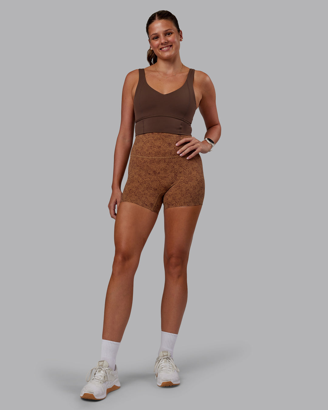 Woman wearing Longline Sports Bra - Chocolate Martini | Model:Phoebe | Size:S