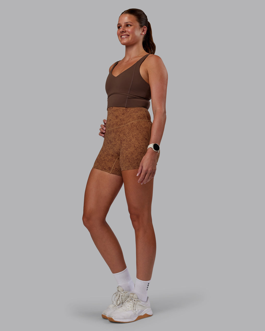 Woman wearing Longline Sports Bra - Chocolate Martini | Model:Phoebe | Size:S